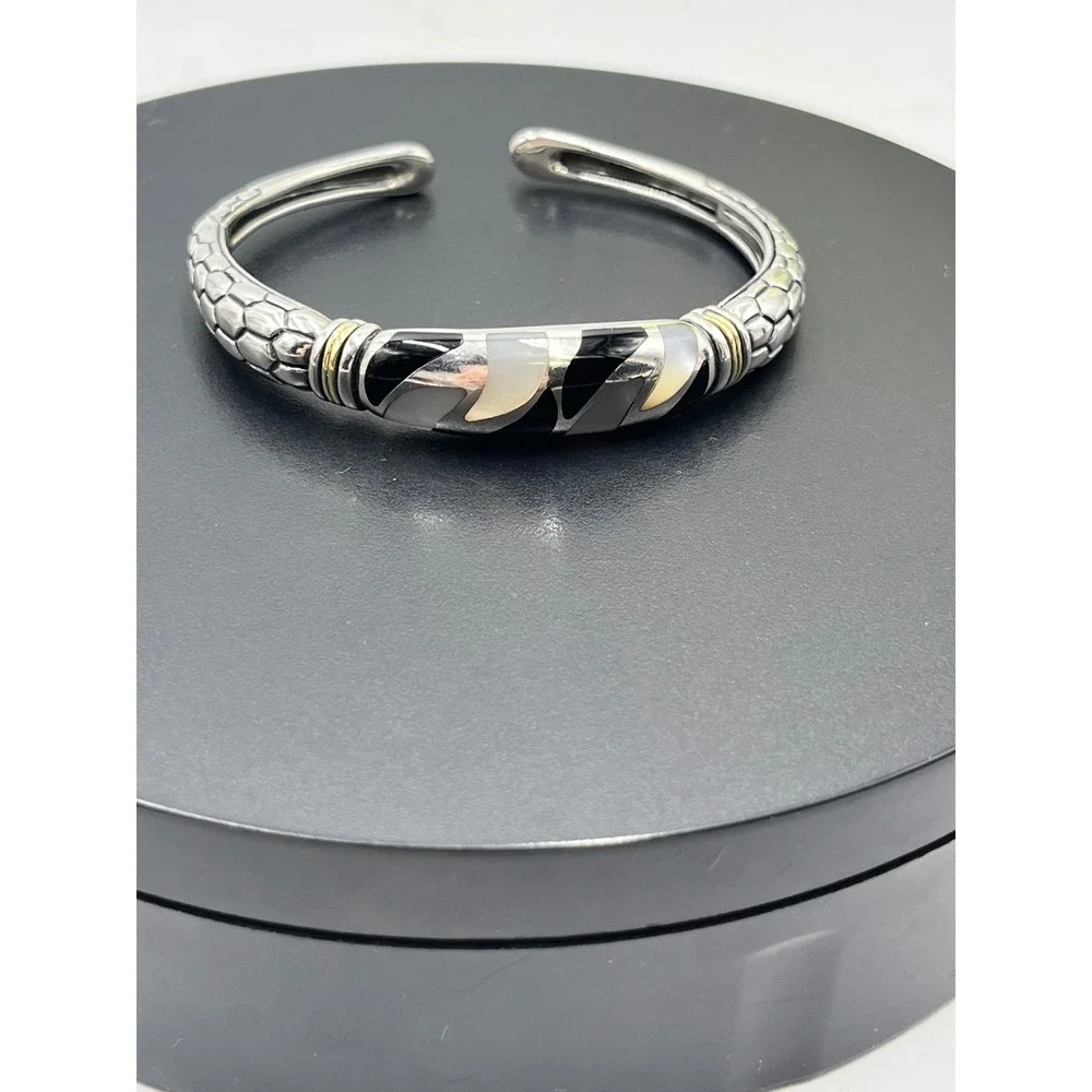 Asch Grossbardt Sterling Silver 18K Onyx Mother of Pearl Inlay Cuff Bracelet